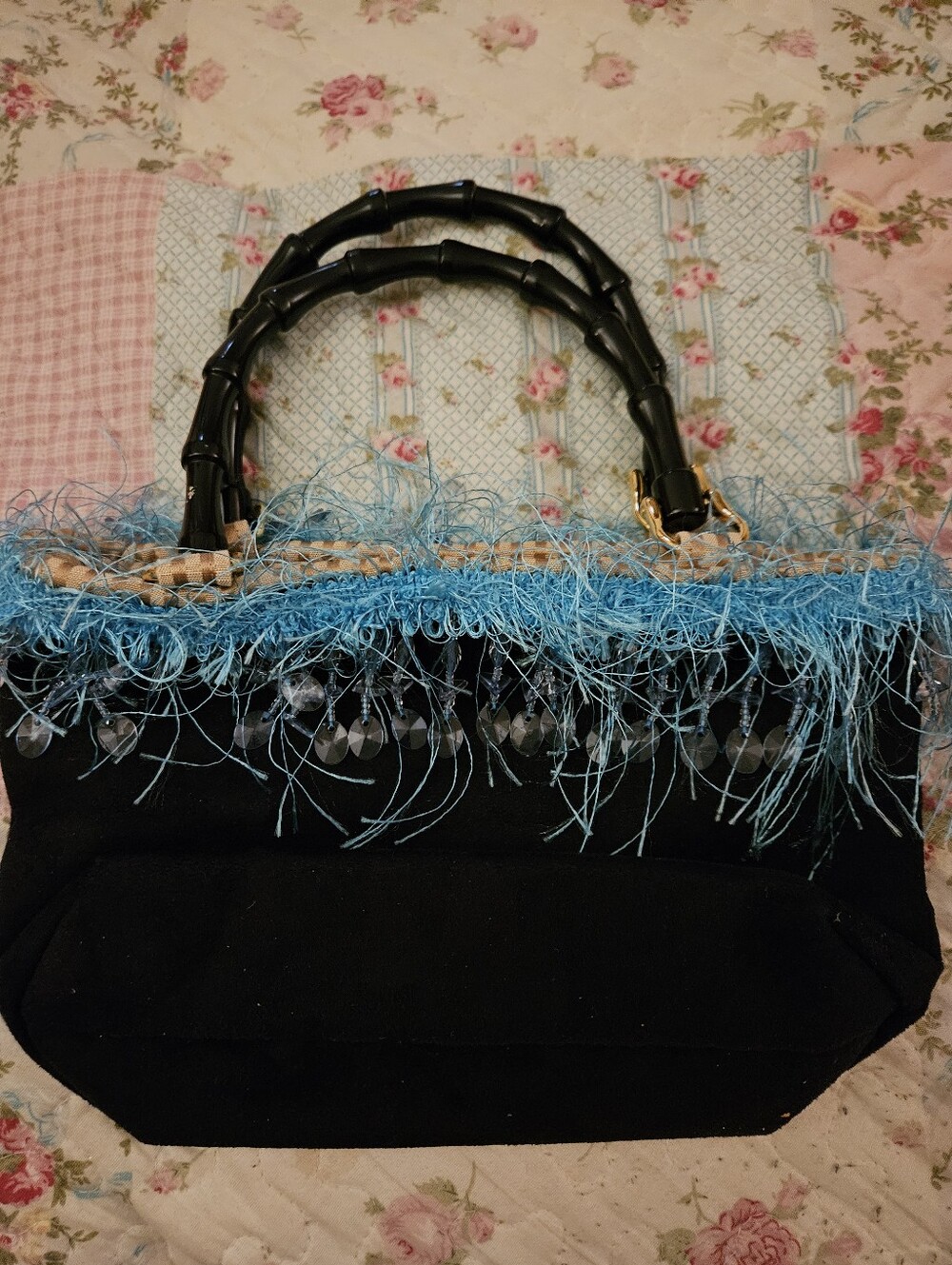 Louise  Black Handbag with Blue Fringe Trim